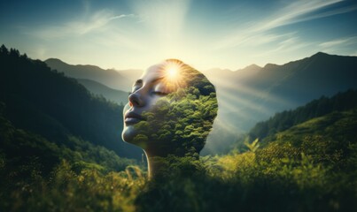 woman's face with mountains and sky in focus, environmental art style, botanical abundance, realistic depiction of light, metropolis meets nature, calm tranquility