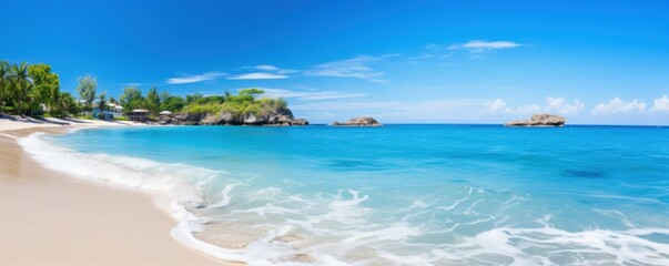 panoramic paradise with white sandy beach, azure sea waves, palm trees