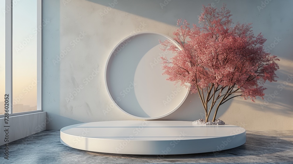 Poster for product presentation, a minimal white podium scene is presented in a vector format