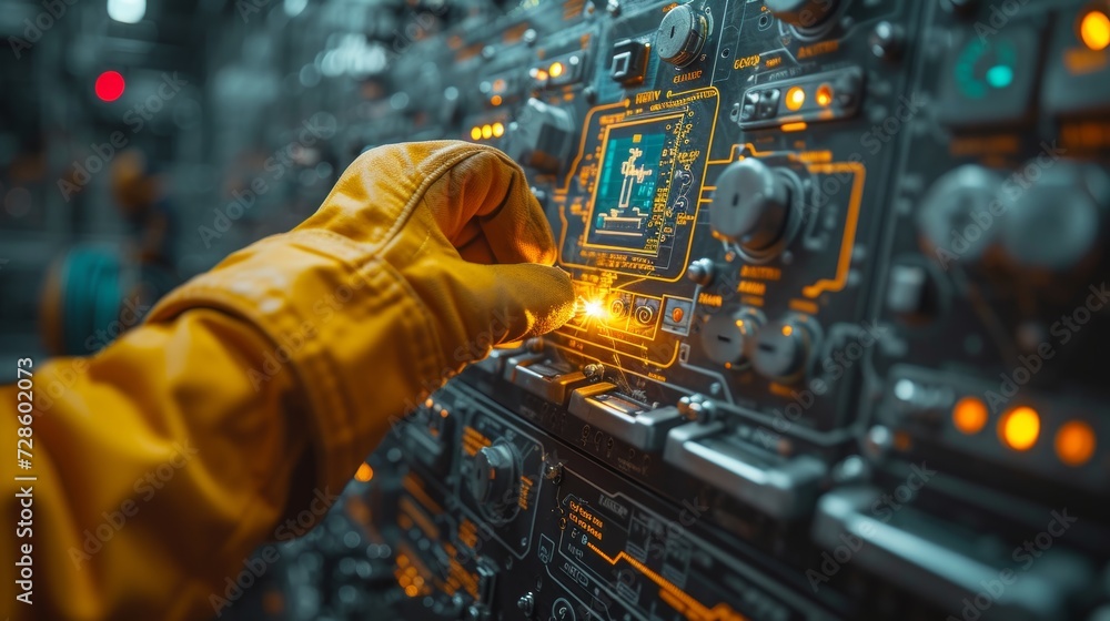 Aufkleber Welding robotics automatic arms icon with machine in intelligent factory automotive industrial with UI monitoring system software for engineer's hand control.