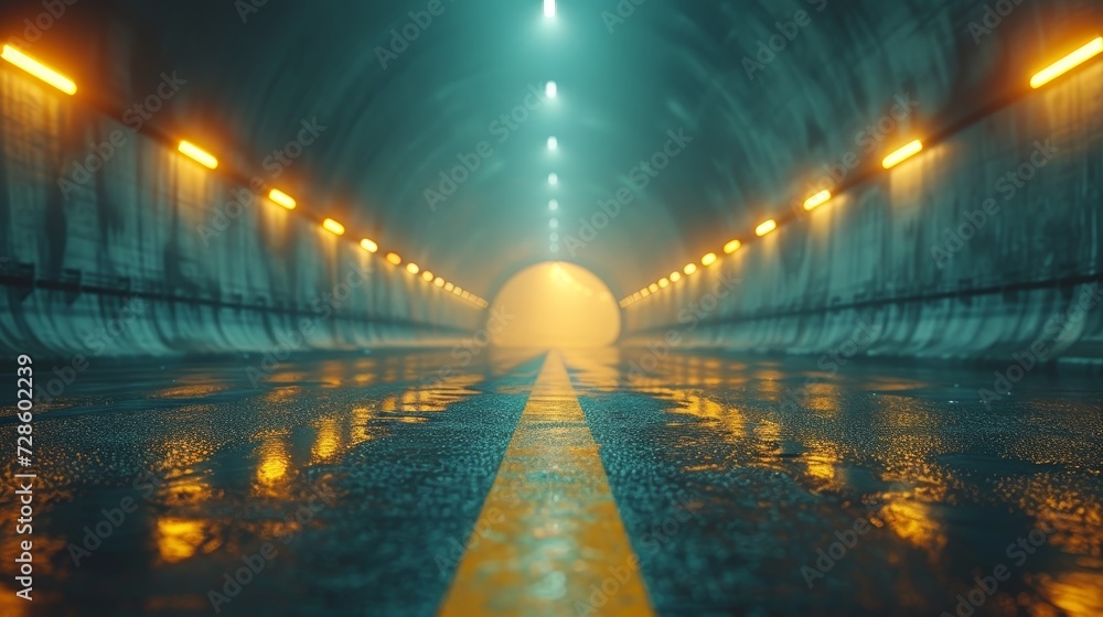 Poster the view of the tunnel on the highway with empty asphalt road in 3d.