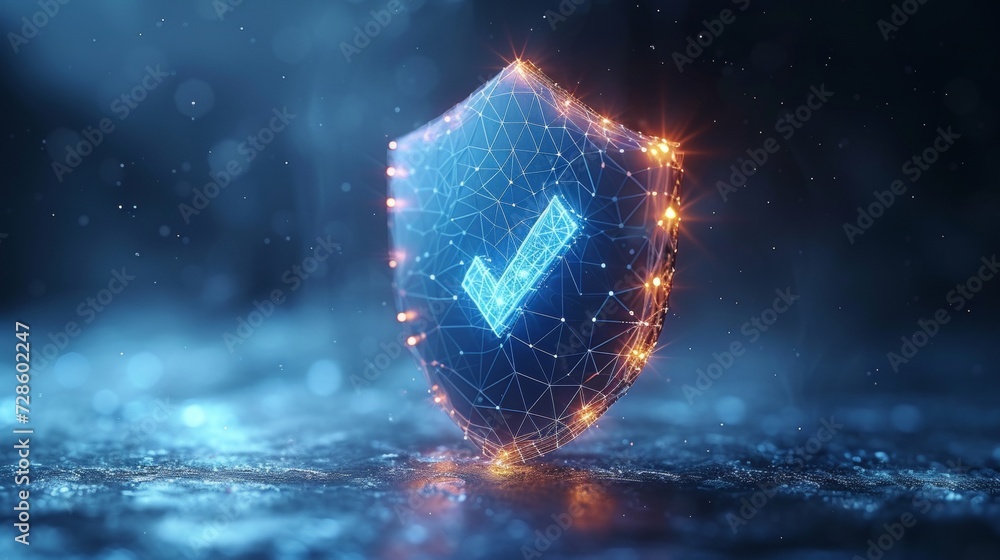 Poster Technology for secure services. Polygonal wireframe shield with check mark on dark blue. Cyber shield, antivirus protection, internet security, firewall, privacy concept.