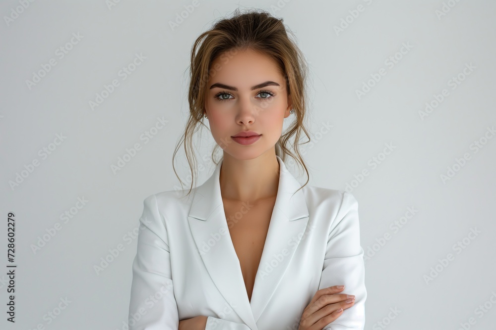 Wall mural attractive young woman wearing very elegant white dress, poses relaxed, white background.