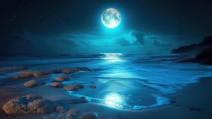 The bIg and beautiful moonlight and the ocean coast with light, blue glow in the sea.