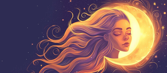 beautiful woman and moon esoteric golden Boho astronomy astrology lunar magic background.