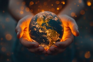 A person holds a glowing Earth in their hands, showcasing the fragility and importance of our planet.