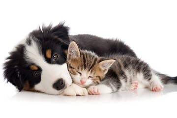 A puppy and a kitten take a nap cuddling, adorable, on white studio background.