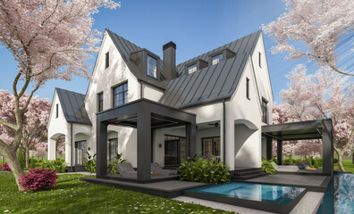 3d rendering of cute cozy white and black modern Tudor style house with parking  and pool for sale or rent. Fresh spring day with a blooming trees with flowers of sakura. - obrazy, fototapety, plakaty