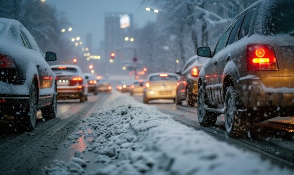 snow collapse in the city, bad weather conditions and traffic hazards, traffic jams 