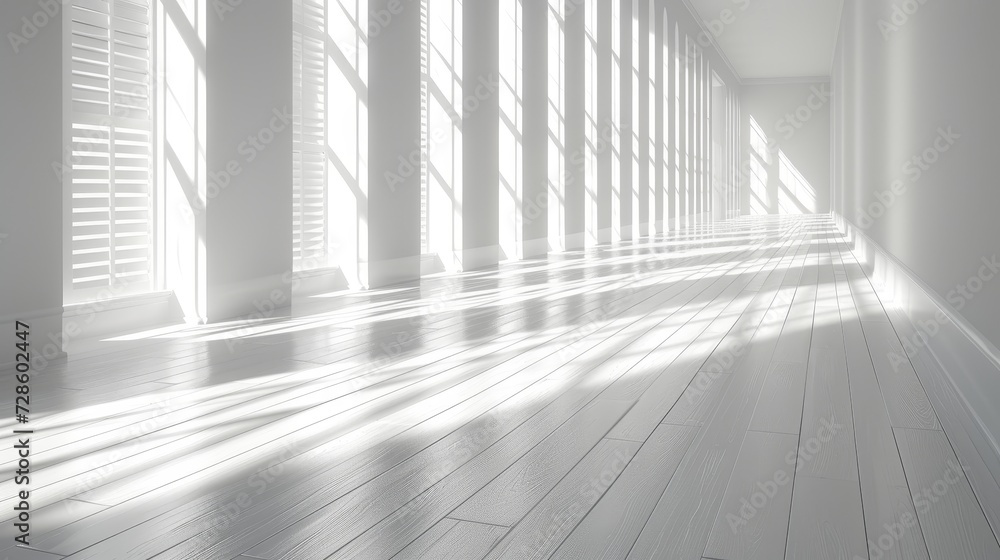 Aufkleber the 3d rendering shows a white room with a wood plank floor surrounded by a rhythm of shadows cast f