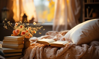 a stack of books lies on the bed among pillows, blankets,  cozy reading, warm light