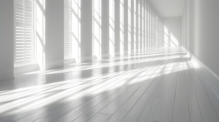 The 3D rendering shows a white room with a wood plank floor surrounded by a rhythm of shadows cast from the sun originating from the wall. The perspective shows a minimal design perspective. - obrazy, fototapety, plakaty