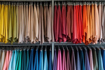 A visually pleasing arrangement of folded shirts in various colors creates a vibrant and harmonious display.