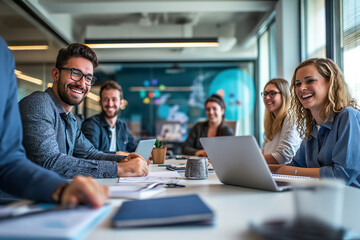 A diverse group of individuals gathers around a table, engrossed in their laptops, engaging in a dynamic exchange of ideas and creativity.