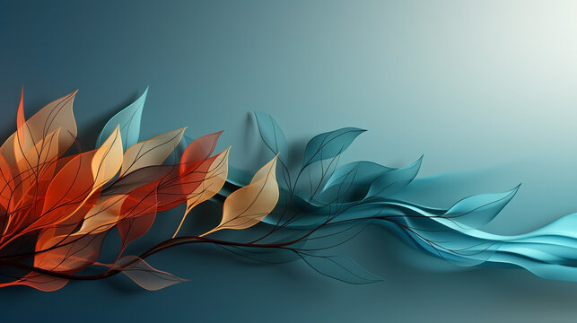 Beautiful wide panoramic plant branch with small flowers and leaves, wallpaper banner in blue color background  