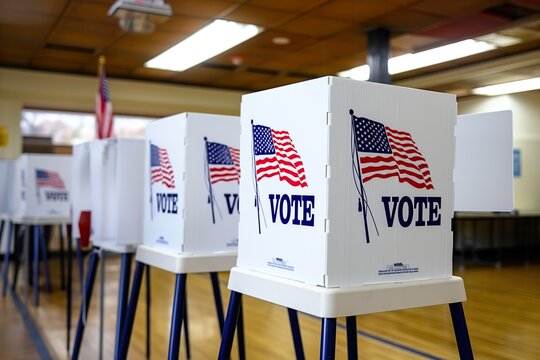 a straight line of voting booths adorned with American flags.