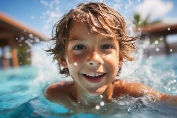 Fototapeta na wymiar teenage boy swims in an outdoor pool