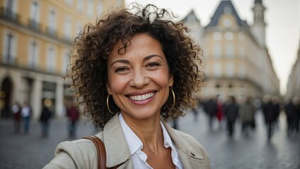Joyful woman with curly hair takes selfie in busy urban square, historic European architecture...