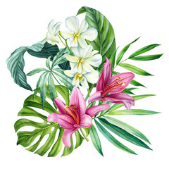 Exotic orchid, lily flowers, palm leaves drawn in watercolor. Botanical trendy compositions. Botanic plants isolated 