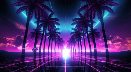 a retro-futuristic paradise with a landscape featuring tropical beach palm trees, reflecting the vibrant aesthetic of the electronic cyberpunk era of the 80s and 90s.