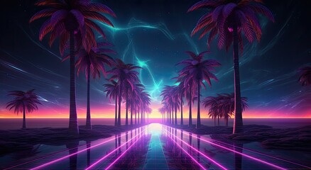 a retro-futuristic paradise with a landscape featuring tropical beach palm trees, reflecting the vibrant aesthetic of the electronic cyberpunk era of the 80s and 90s. - obrazy, fototapety, plakaty