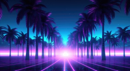 a retro-futuristic paradise with a landscape featuring tropical beach palm trees, reflecting the vibrant aesthetic of the electronic cyberpunk era of the 80s and 90s.