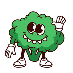 Groovy cartoon broccoli character waving with funky smile. Funny retro green vegetable smiling with teeth and hand up, broccoli mascot, cartoon food sticker of 70s 80s style vector illustration