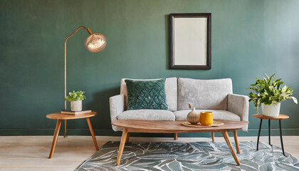 Minimalist green wall background, marble pattern wooden sofa, grey carpet, poster and frame with lamp.
