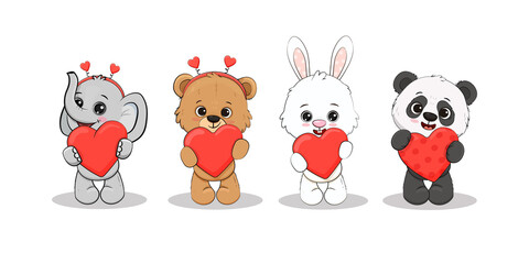 Obraz premium Cute cartoon elephant cub, panda, bunny, teddy bear with a red hearts for your design. Valentine's day card. Mothers day. 
