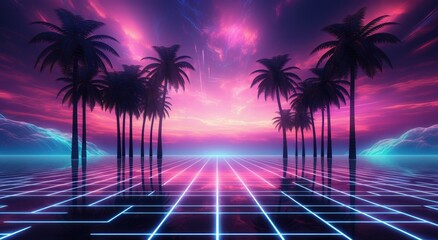 a retro-futuristic paradise with a landscape featuring tropical beach palm trees, reflecting the vibrant aesthetic of the electronic cyberpunk era of the 80s and 90s. - obrazy, fototapety, plakaty