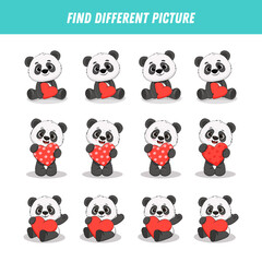 Obraz premium Find different panda bear in each row. Logical game for kids. Cartoon cute teddy bear with heart.