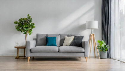 grey sofa and lamp in white living room,