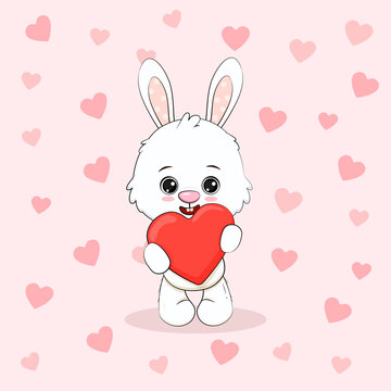 Cute cartoon bunny with red heart isolated on pink background with hearts. Postcard for Valentine's Day, Mothers day.