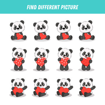 Find different panda bear in each row. Logical game for kids. Cartoon cute teddy bear with heart.