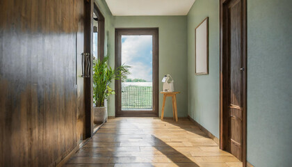 Modern hardwood hallway interior with mock up place on wall. Design and texture concept