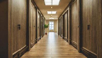 Modern hardwood hallway interior with mock up place on wall. Design and texture concept