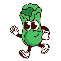 Groovy cartoon bok choy character running. Funny retro bok choi with green leaf, arms and legs, funky Chinese cabbage mascot. Cartoon healthy food sticker of 70s 80s style vector illustration