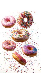 Colourful decorated donuts falling in motion isolated on white background with sprinkling. Sweet, confectionery and various doughnuts flying over white. Panorama banner, clipping path. Generative AI