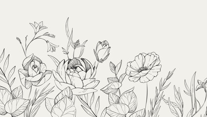 Floral bakground with bouquet of various flowers. Botanical foliage for wedding invitation, wall art or wallpaper. Vector illustration © merfin