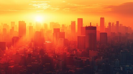 Fototapeta premium An abstract urban skyline at sunset, where silhouettes of buildings blend with warm hues