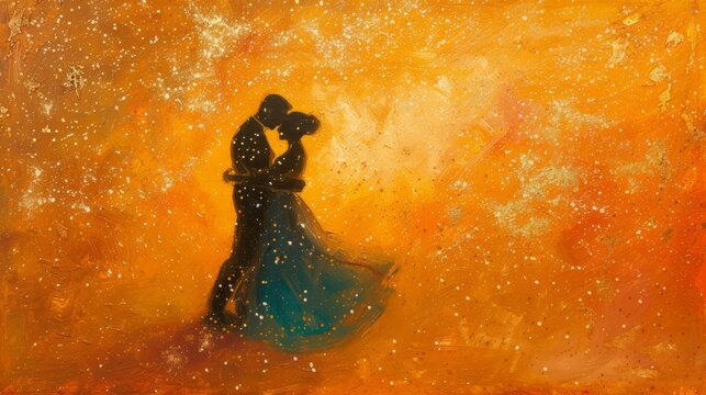 An abstract painting of a couple dancing under a shimmering rain of golden confetti