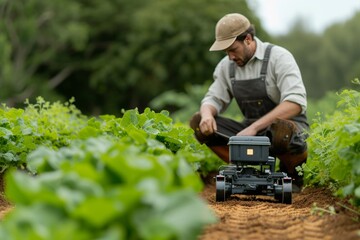 An automated farming robot working alongside a farmer, increasing agricultural efficiency