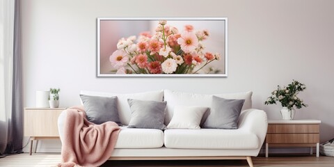 Flowers near grey settee with pillows in apartment with poster and lamps. Real photograph.