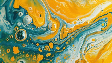 a Tosca and yellow swirl pattern wallpaper with bubbles, in the style of conceptual painting, delicate chromatics, fluid acrylics, white background, mixes painting and ceramics - generative ai
