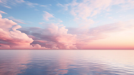 Fototapeta premium Cirrus clouds tinted pink by the sun at sunset over a calm blue ocean 