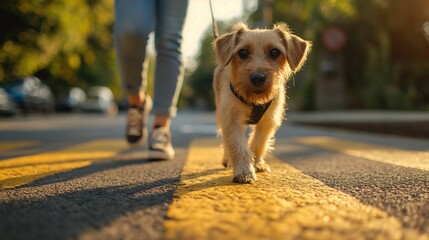 a dog walks down on a walk in the park