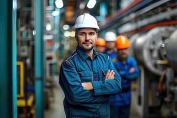 Portrait of Industry maintenance engineer man wearing uniform and safety hard hat on factory station. Industry, Engineer, construction concept, Generative AI