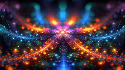 Psychedelic kaleidoscopic fractal glowing with neon lights - obrazy, fototapety, plakaty