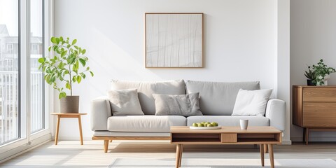 Modern apartment with spacious living room featuring a cozy gray sofa, wooden coffee table, and white walls.