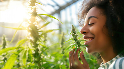 Black attractive young woman sniffing marijuana buds in greenhouse - obrazy, fototapety, plakaty